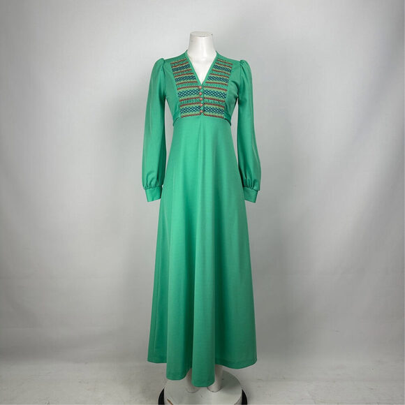Vintage Dresses & Skirts - Vintage Nu Mode Green Long Sleeve Maxi Dress Size XS